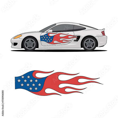 Sleek white sports car adorned with a vibrant patriotic flame decal, showcasing dynamic custom vehicle graphics perfect for automotive design and personalization