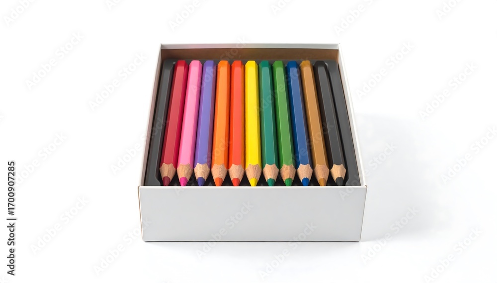 Fototapeta premium A neatly arranged set of vibrant colored pencils is displayed inside a simple white box.