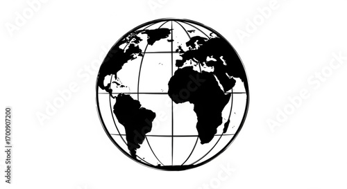 Black and white globe showing africa south america and europe with gridlines in a simple illustration created with generative ai