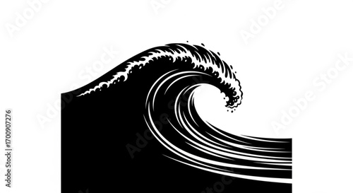 A monochromatic illustration of a powerful ocean wave with stylized crest and flowing lines design created with generative ai