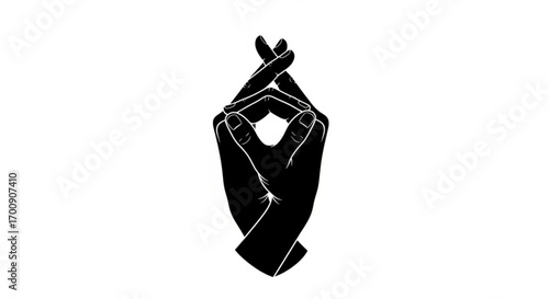 Black silhouette of two hands intertwined in a gesture against a white background showing fingers created with generative ai