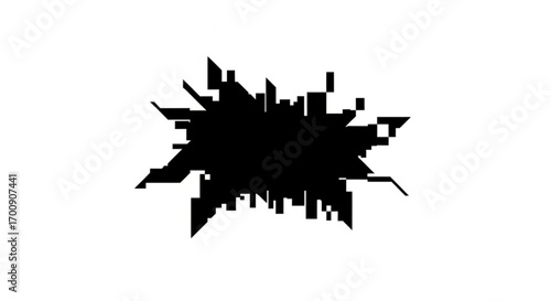 Abstract black shape with jagged edges and pixelated appearance on a white background forming a blob created with generative ai