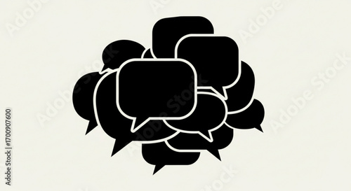 A collection of black and white speech bubbles clustered together on a light background in a graphic design created with generative ai
