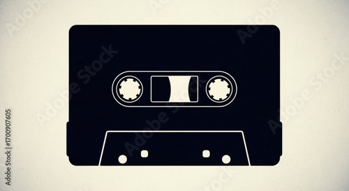 A black and white illustration of an audio cassette tape with circular tape reels visible in the center created with generative ai