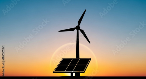 Silhouette of a wind turbine and solar panel against a gradient sunset sky with a bright halo effect created with generative ai