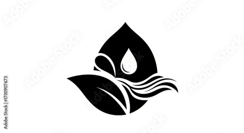 Stylized black and white logo featuring a water drop leaf and flowing lines in a minimalist design style created with generative ai
