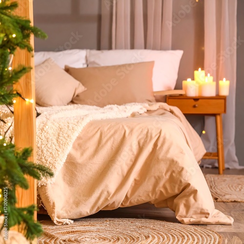 Cozy Christmas bedroom with warm lighting