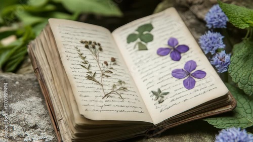 Antique book with pressed plants, on moss-covered rocks, closeup shot