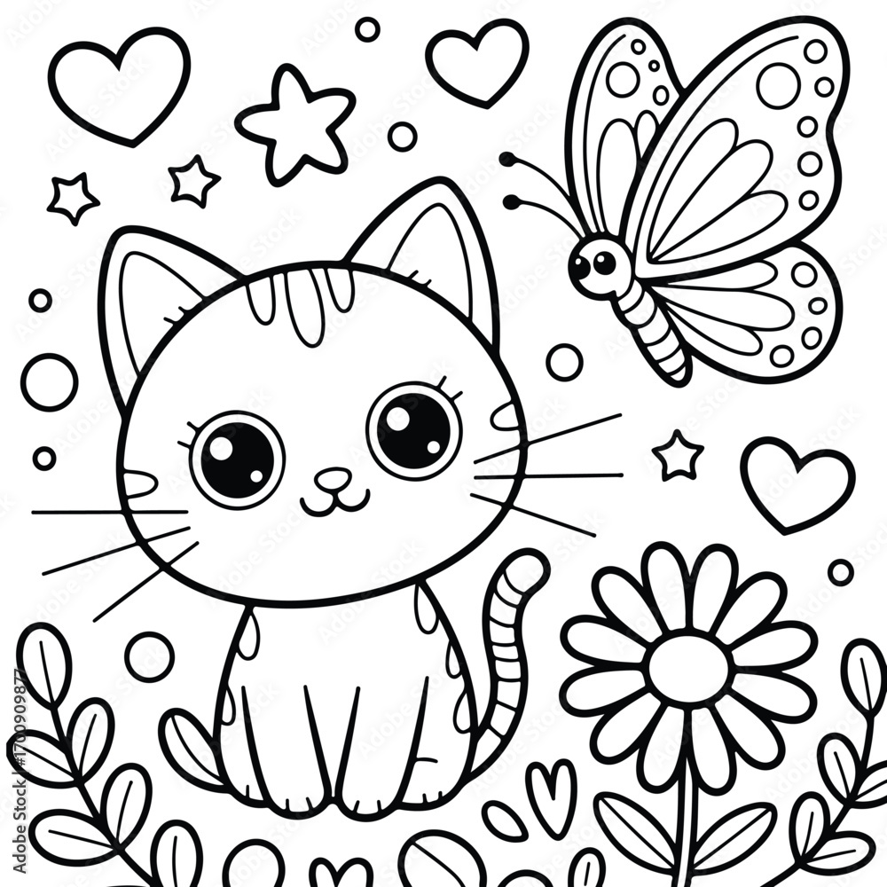 Obraz premium Cute Kitten and Butterfly Coloring Page Illustration with Hearts and Flowers