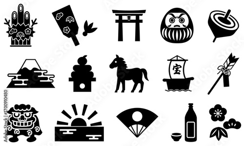 お正月の縁起物や伝統的なアイテムのシルエットイラストセット