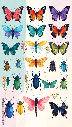 Colorful collection of butterflies and beetles with floral elements