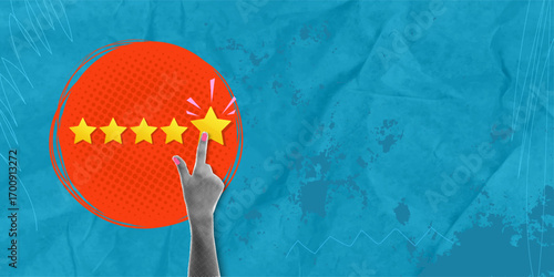 Trendy modern collage in pop art style: customer's hand clicks on a golden icon of a five-star review and selects the rating "Excellent" to give the highest rating for service. Business concept.