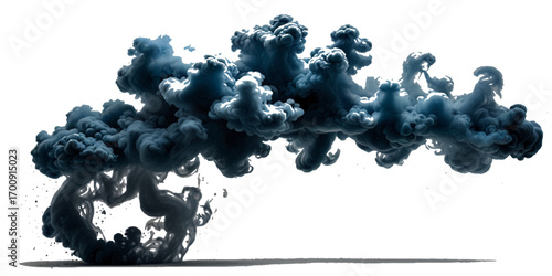 striking image of deep blue ink dispersing and creating swirling, cloud-like shapes against a plain transparent background. Dramatic Deep Blue Ink Dispersion Against transparent Background
