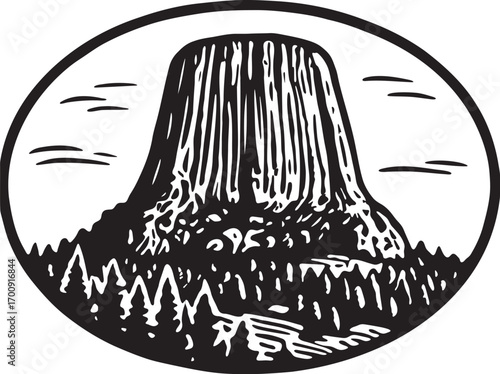 Linocut etching illustration of Devils Tower Wyoming USA iconic national monument black and white vector design symbol for travel and tourism