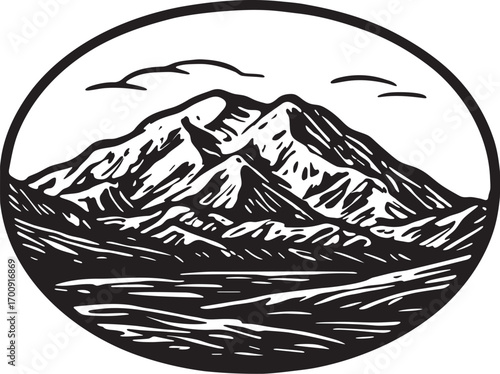Linocut black and white etching of Denali Alaska USA tallest mountain national park vector landscape design heritage tourism symbol