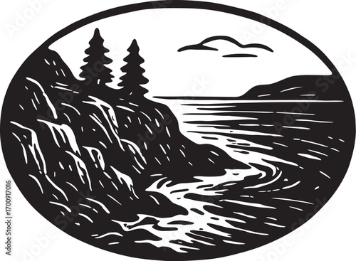 Linocut black and white etching of Acadia National Park Maine USA rocky coastline with ocean waves vector design tourism symbol