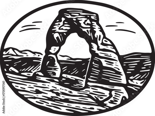 Linocut black and white etching of Delicate Arch Utah USA desert rock formation national park vector tourism heritage symbol
