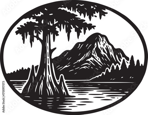 Linocut etching of Cypress Trees Louisiana USA swamp landscape with calm waters black and white vector design nature tourism symbol