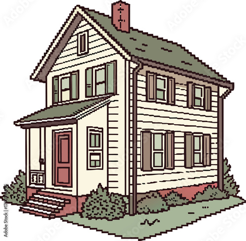 Charming Two Story House with Porch and Dormer Window Surrounded by Lush Greenery
