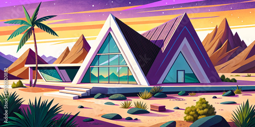Triangle shaped futuristic villa in desert landscape, sharp geometry blending with modern architecture and innovation