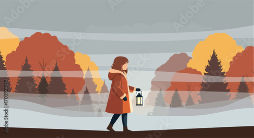 Young girl in a brown hooded coat holding a lantern.