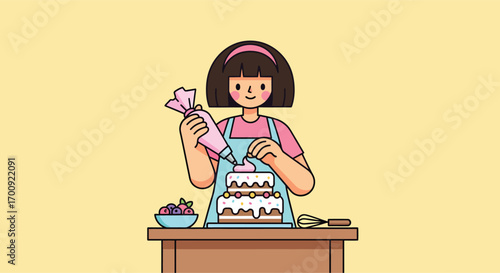 Young woman pastry chef decorating a delicious tiered cake with frosting.