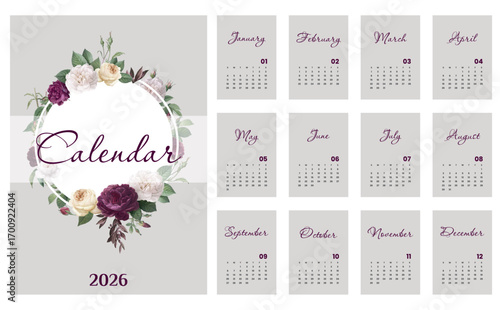Vector illustration. Minimalistic calendar 2026 printable template a4. Week starts on Sunday