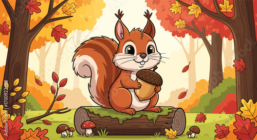 Adorable cartoon squirrel character holding a large acorn.
