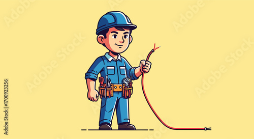 Cartoon illustration of a male electrician holding a wire.