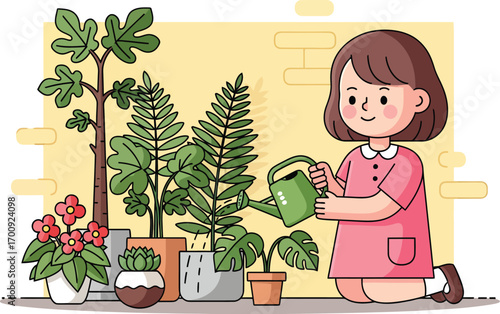 Cute cartoon girl happily watering her collection of indoor plants.