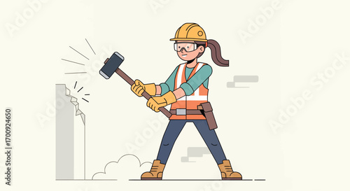 Female construction worker with a sledgehammer demolishing a wall.