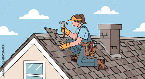 Female roofer in work gear installing new shingles on a house.