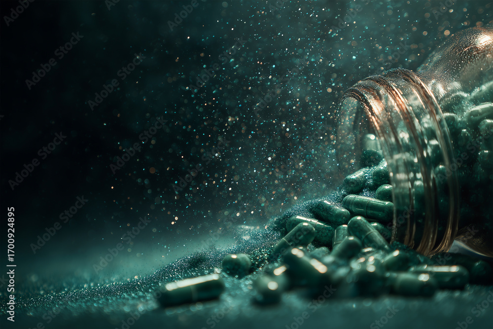 Fototapeta premium A glass jar filled with spirulina capsules spills its contents, creating a beautiful cascade. The scene is beautifully illuminated by a soft mist, adding to the cinematic and grainy atmosphere that su