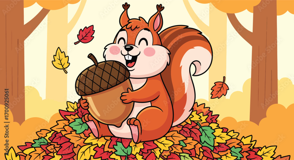Fototapeta premium Happy cartoon squirrel holding a giant acorn.