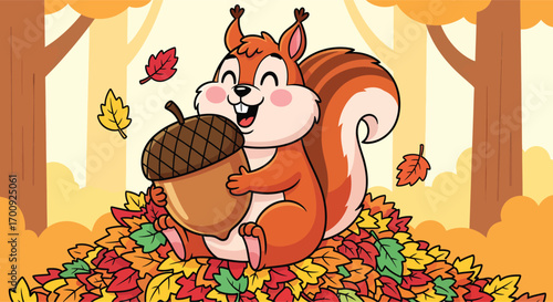 Happy cartoon squirrel holding a giant acorn.