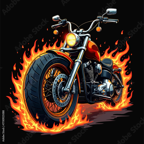 Vector t-shirt design with biker motorcycle
and fire on black background.
Fashionable print for fabric, paper, men clothing,
hoodie, biker jacket. T shirt print.