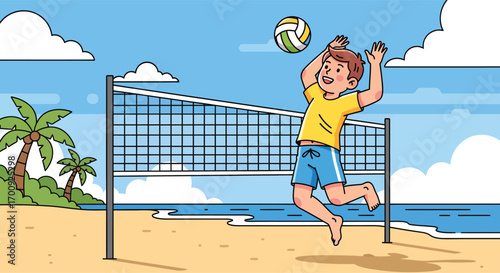 Happy young woman jumping to spike a volleyball.