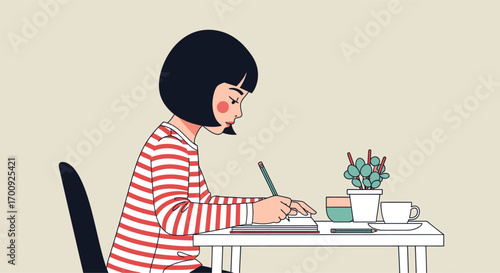 Illustration of a young woman with a bob haircut drawing at her desk.