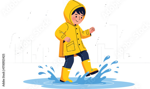 Joyful cartoon boy in a yellow raincoat splashing in a puddle.