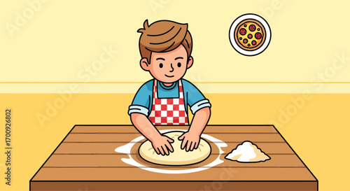 Young boy in an apron kneading dough on a table.