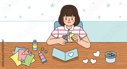 Young girl happily engaged in a creative crafting project.