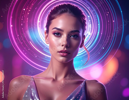 Futuristic female EDM Dancer Fantasy Dancefloor Girl ready to start to Dance and Party