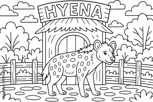 hand drawn vector doodle illustration of Hyena House coloring page for kids line art