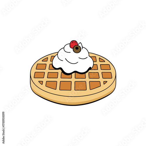Delicious belgian waffles with fresh berries and whipped cream illustration
