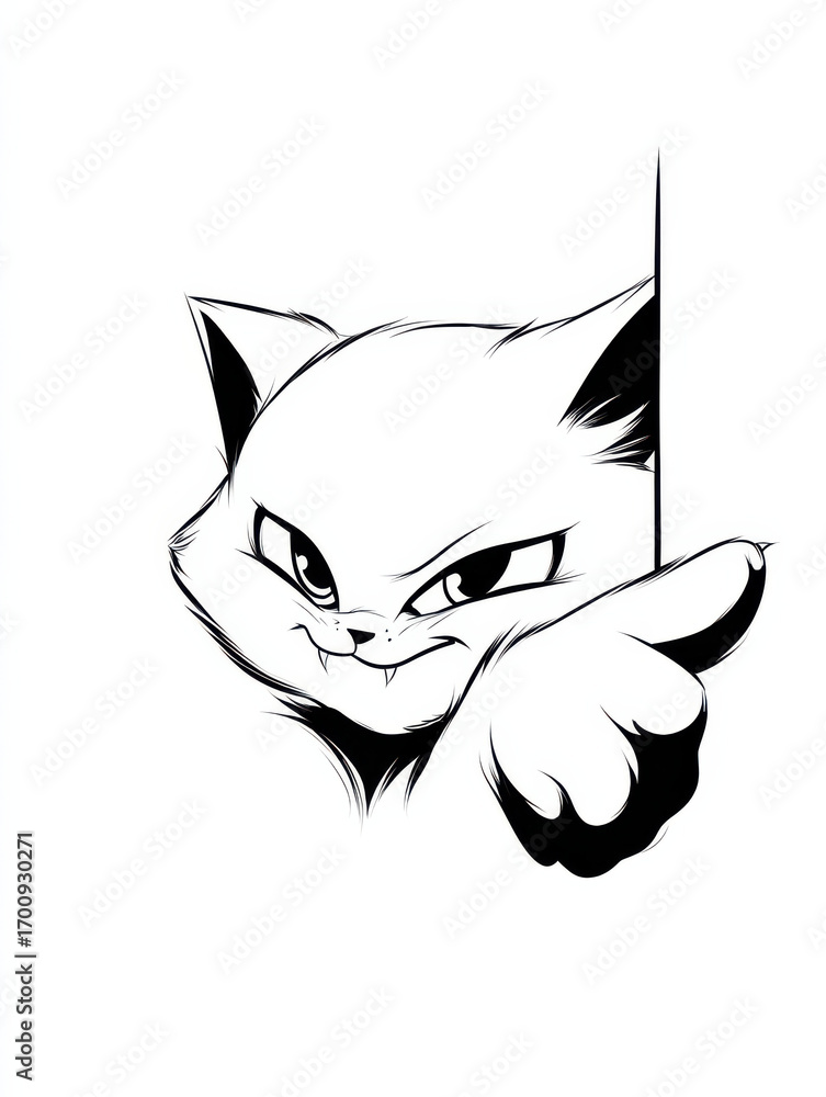 Obraz premium Cat Coloring Page: A charming black and white sketch of a playful cat. The image captures the essence of curiosity and mischief in its expressive eyes and outstretched paw. 