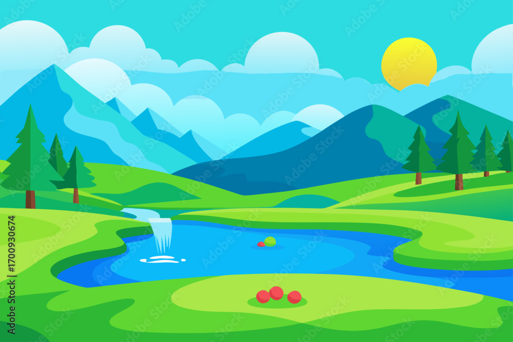 Fototapeta premium Mountain lake landscape with green grass, forest trees, blue sky, and sun vector illustration