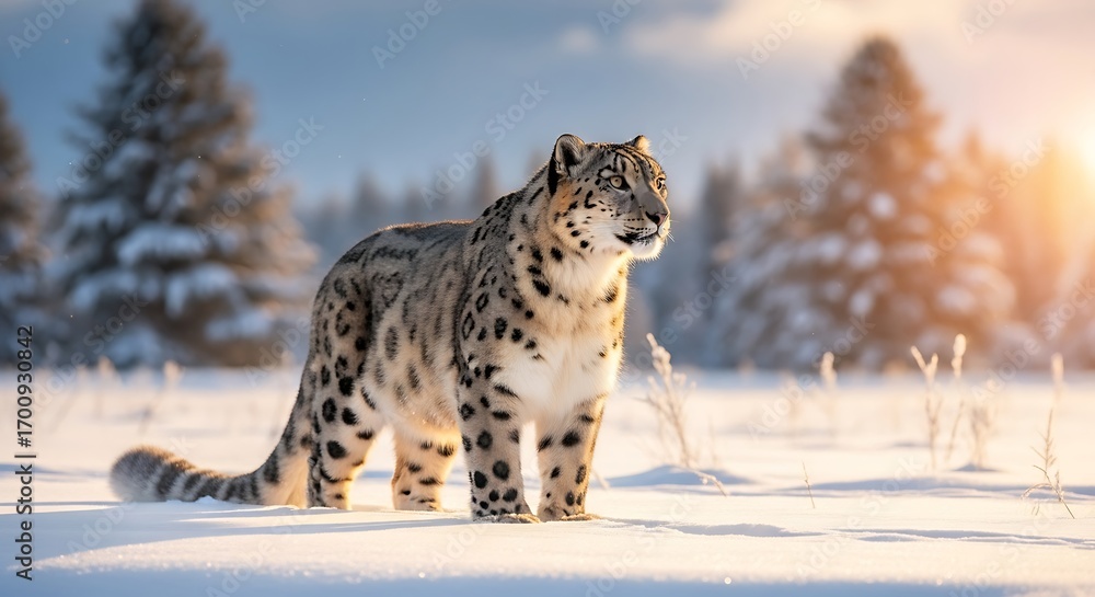 Obraz premium A majestic snow leopard stands alert in a serene, snow-covered landscape with pine trees and warm sunlight.