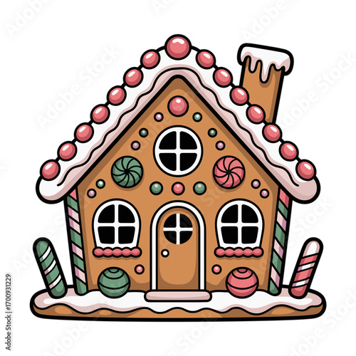 Gingerbread house with candy, colorful and festive, decorated with sweets, hand-drawn illustration