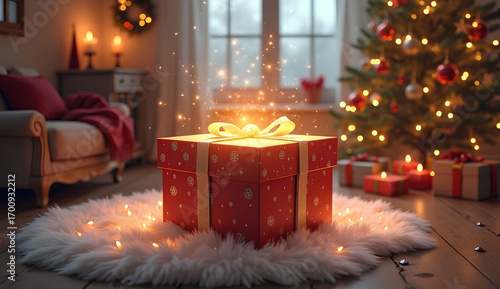 Magical Christmas gift box with glowing sparkles