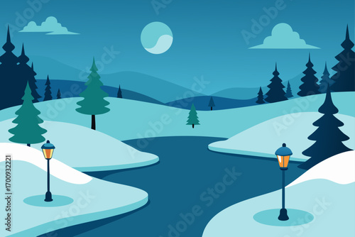 A cold winter landscape with snowy trees and mountains under a blue sky
